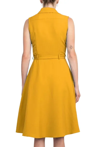 Sharagano Rayon Sleeveless Button Down Collar Shirt Dress With Pockets