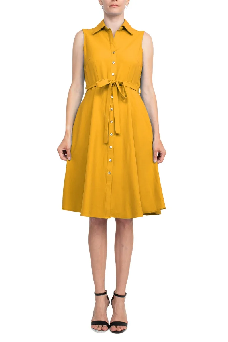 Sharagano Rayon Sleeveless Button Down Collar Shirt Dress With Pockets