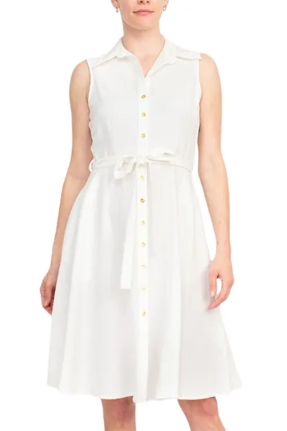 Sharagano Rayon Sleeveless Button Down Collar Shirt Dress With Pockets