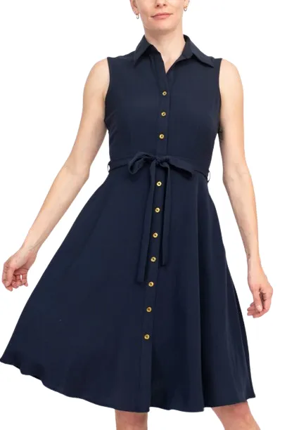 Sharagano Rayon Sleeveless Button Down Collar Shirt Dress With Pockets