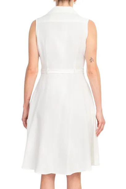 Sharagano Rayon Sleeveless Button Down Collar Shirt Dress With Pockets