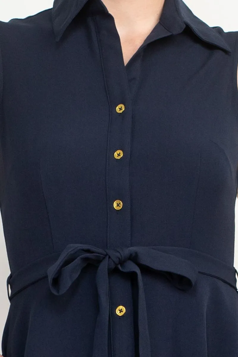 Sharagano Rayon Sleeveless Button Down Collar Shirt Dress With Pockets