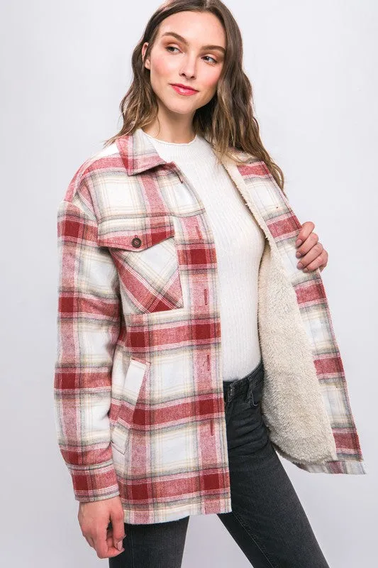Sheila Plaid Button Up Jacket with Sherpa Lining S-XL