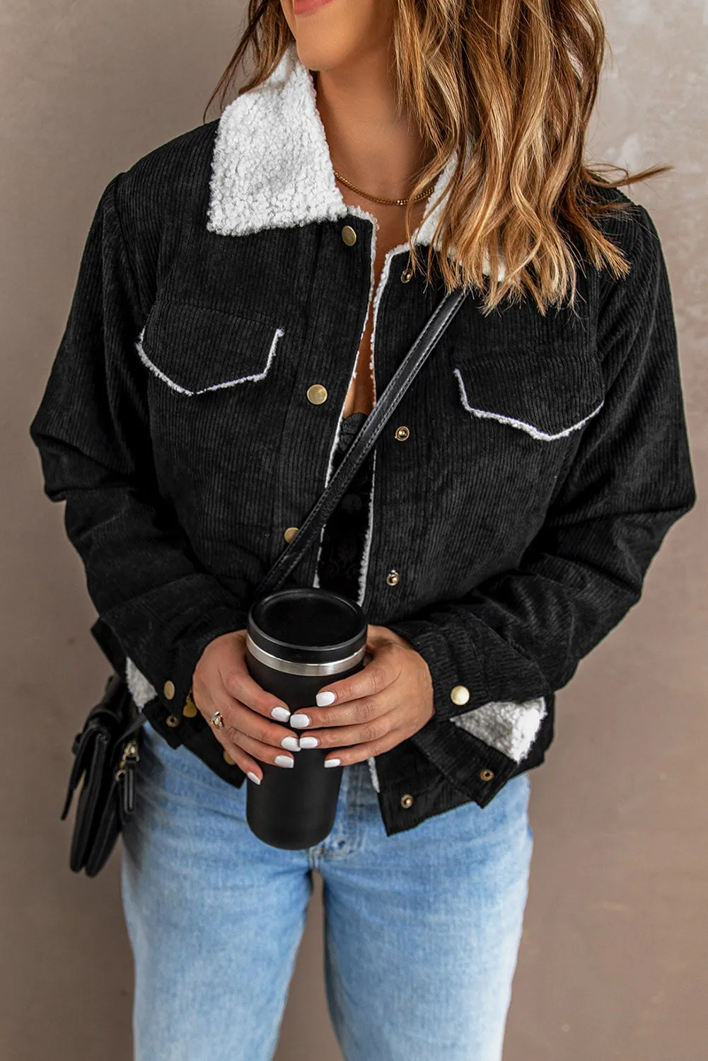Sherpa Lining Snap Down Corduroy Jacket
