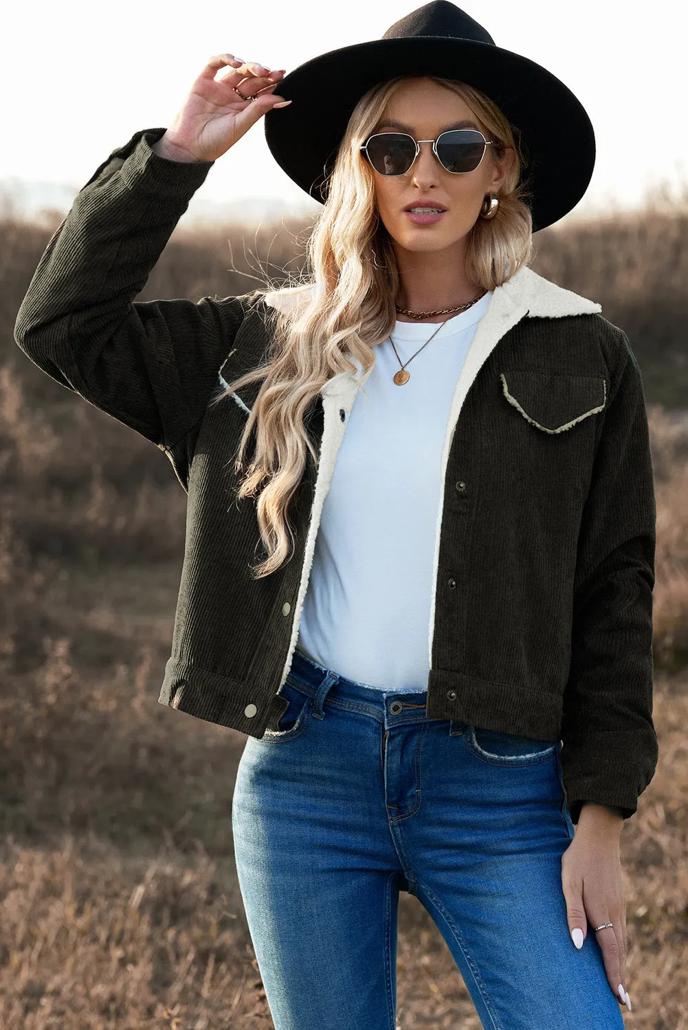 Sherpa Lining Snap Down Corduroy Jacket