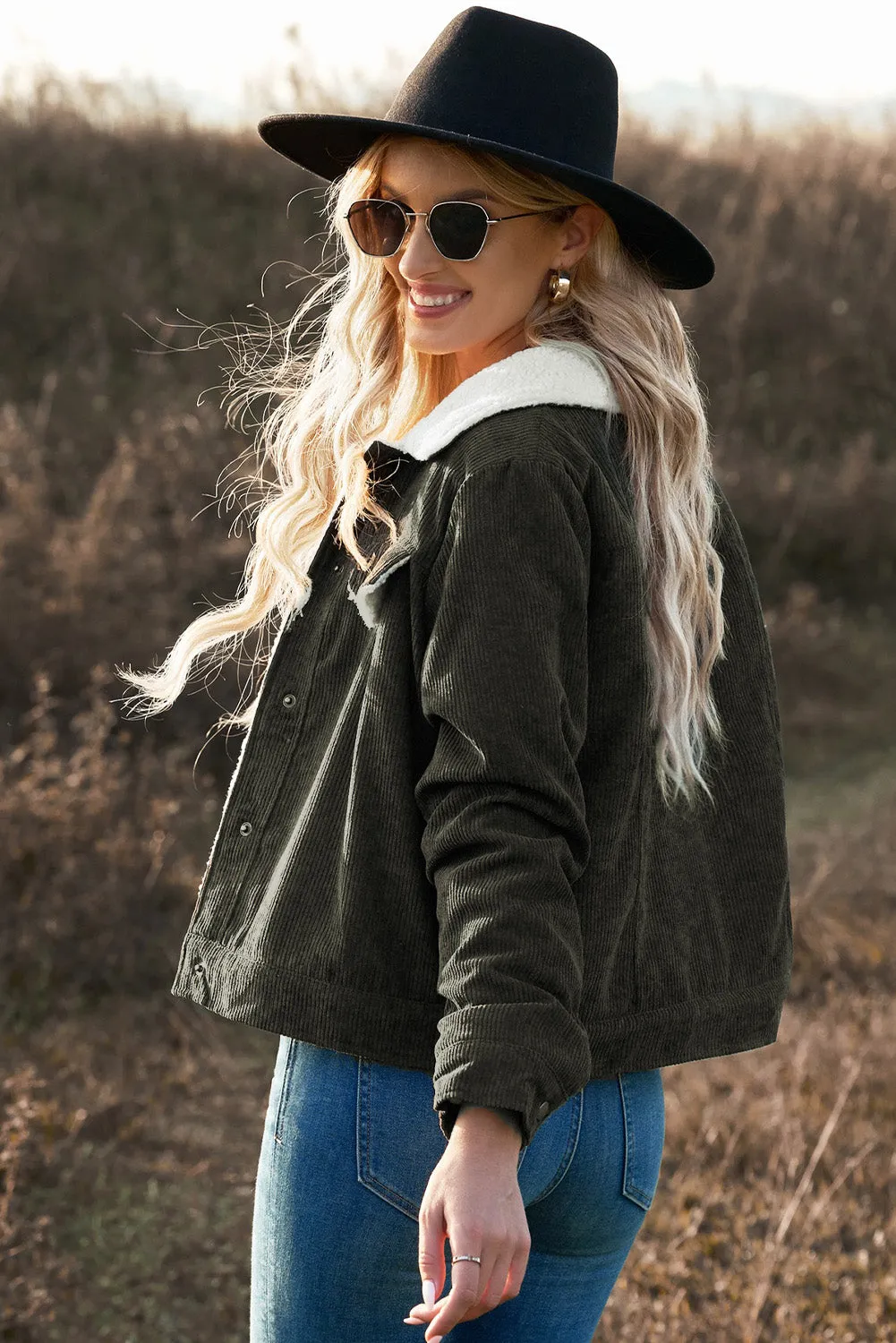 Sherpa Lining Snap Down Corduroy Jacket