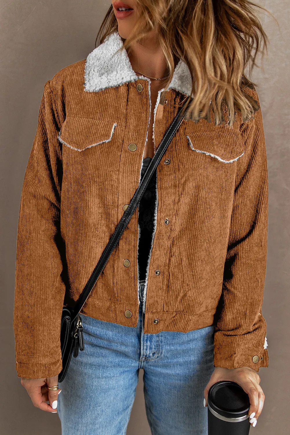 Sherpa Lining Snap Down Corduroy Jacket