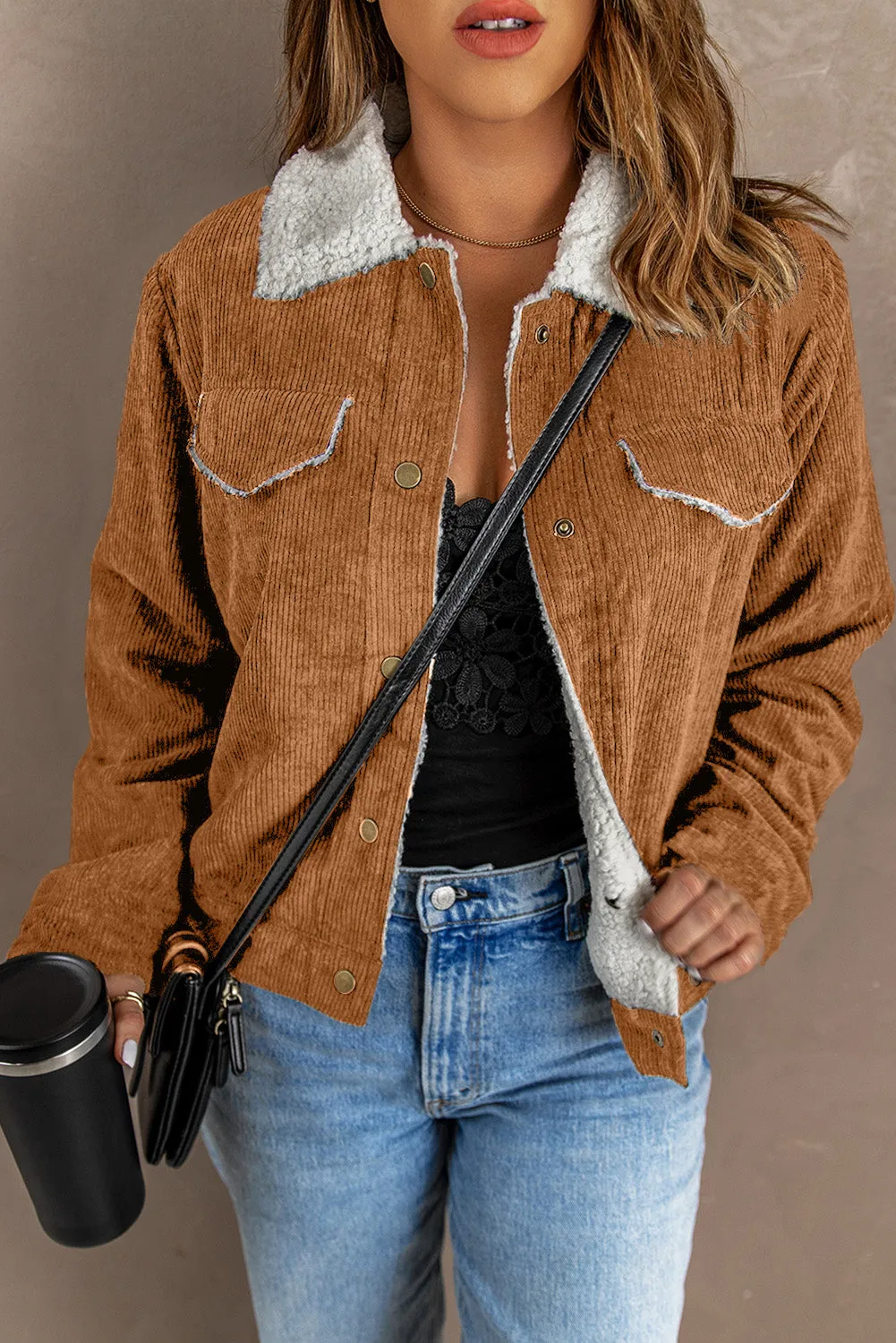 Sherpa Lining Snap Down Corduroy Jacket