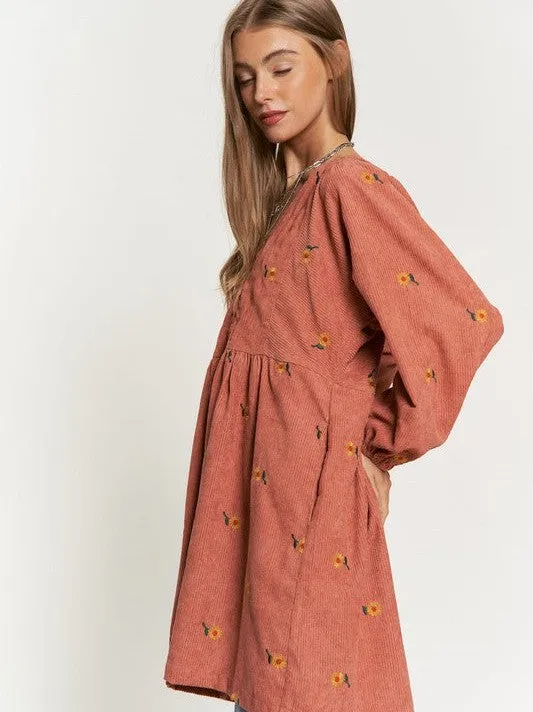 Shine Like a Sunflower Corduroy Babydoll Dress
