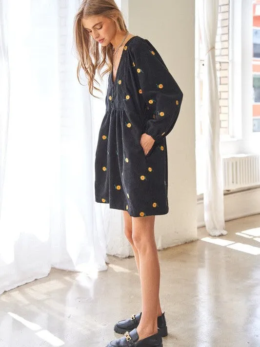 Shine Like a Sunflower Corduroy Babydoll Dress