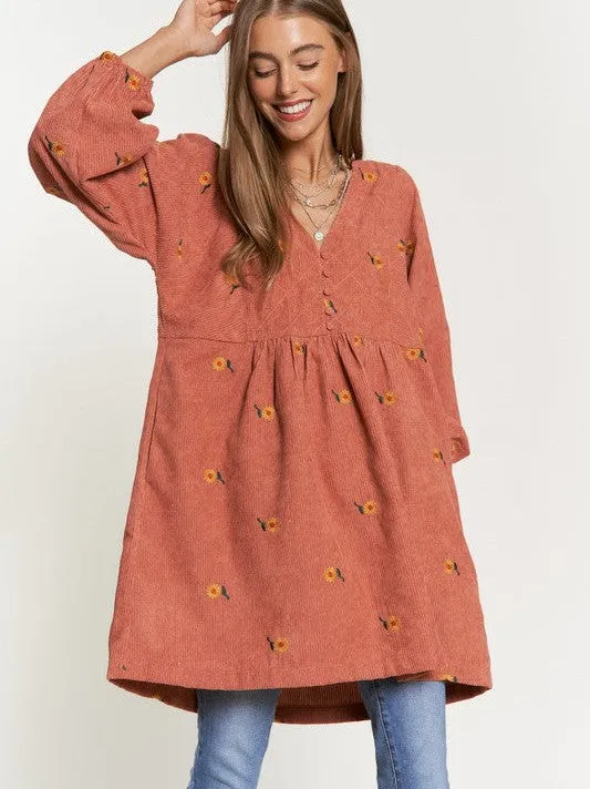 Shine Like a Sunflower Corduroy Babydoll Dress