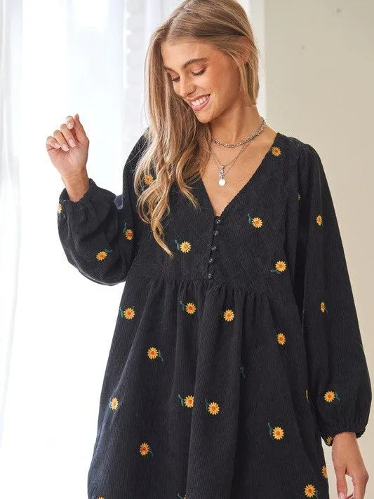 Shine Like a Sunflower Corduroy Babydoll Dress