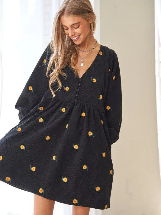 Shine Like a Sunflower Corduroy Babydoll Dress