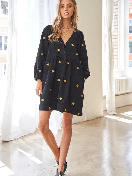 Shine Like a Sunflower Corduroy Babydoll Dress