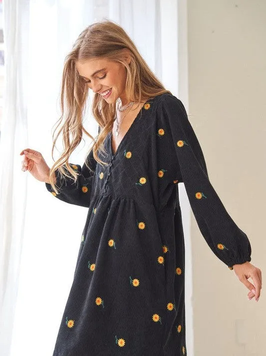 Shine Like a Sunflower Corduroy Babydoll Dress