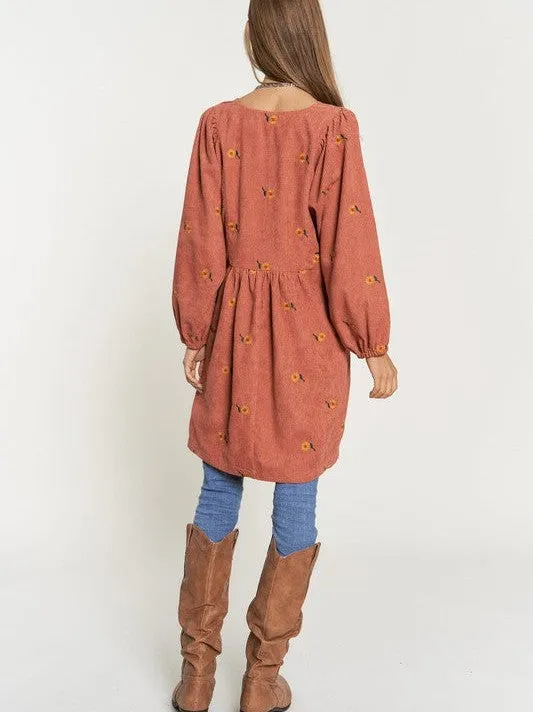 Shine Like a Sunflower Corduroy Babydoll Dress