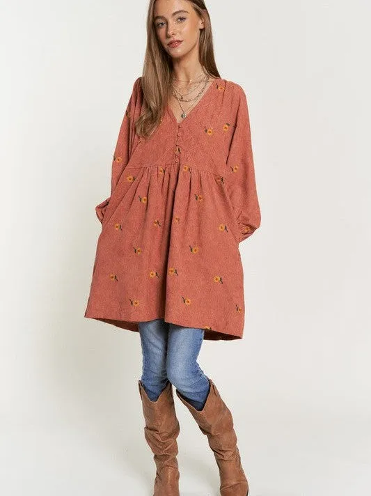 Shine Like a Sunflower Corduroy Babydoll Dress