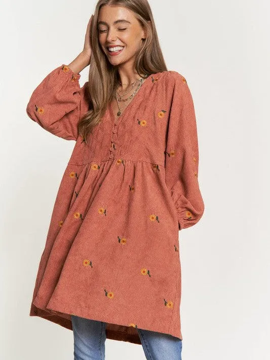 Shine Like a Sunflower Corduroy Babydoll Dress