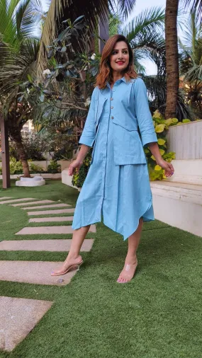 Sky Blue Shirt Dress With Waist Coat