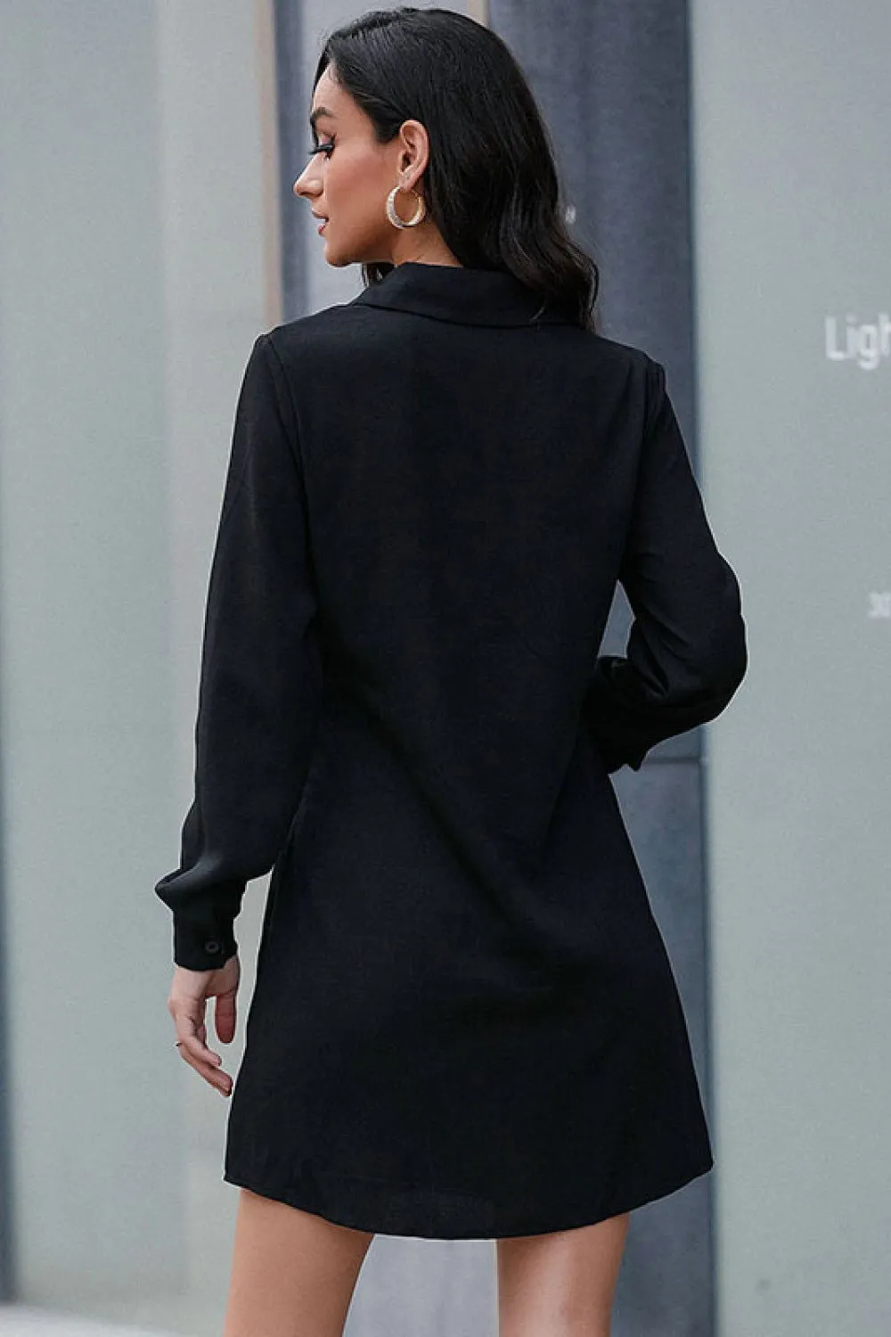 Smock Long Sleeve Button Collared Shirt Dress with Belt