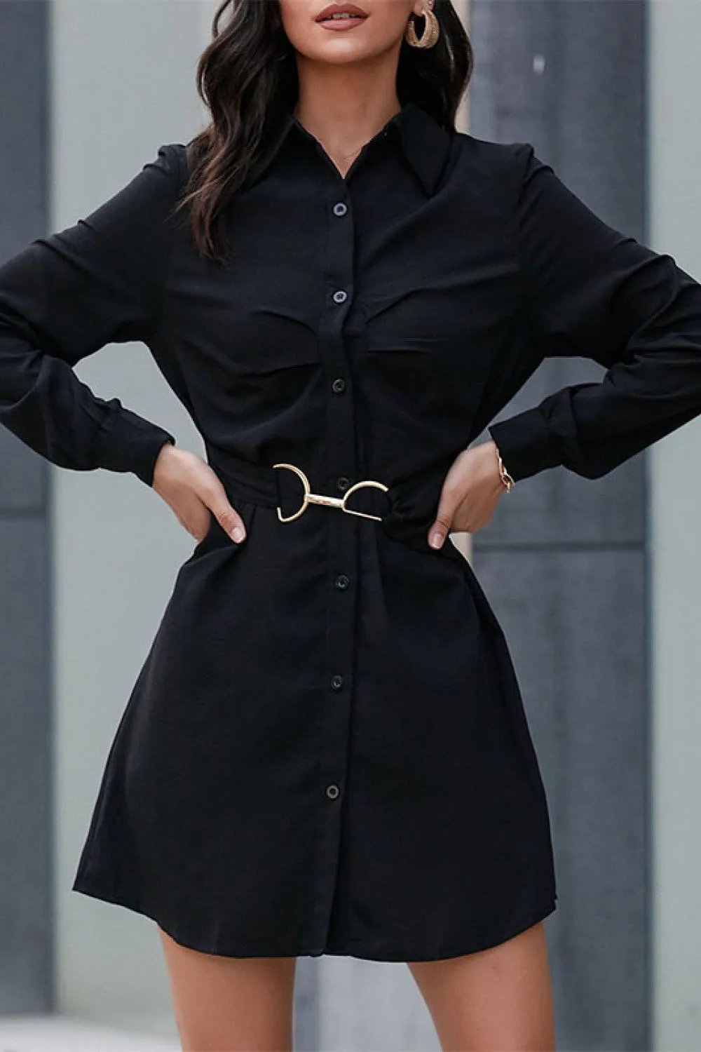 Smock Long Sleeve Button Collared Shirt Dress with Belt