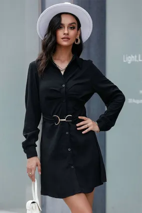 Smock Long Sleeve Button Collared Shirt Dress with Belt