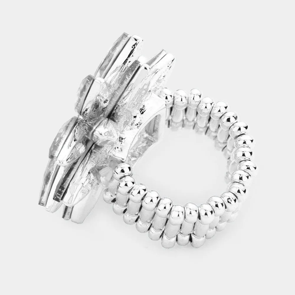 SOLE - clear silver floral rhinestone stretch ring