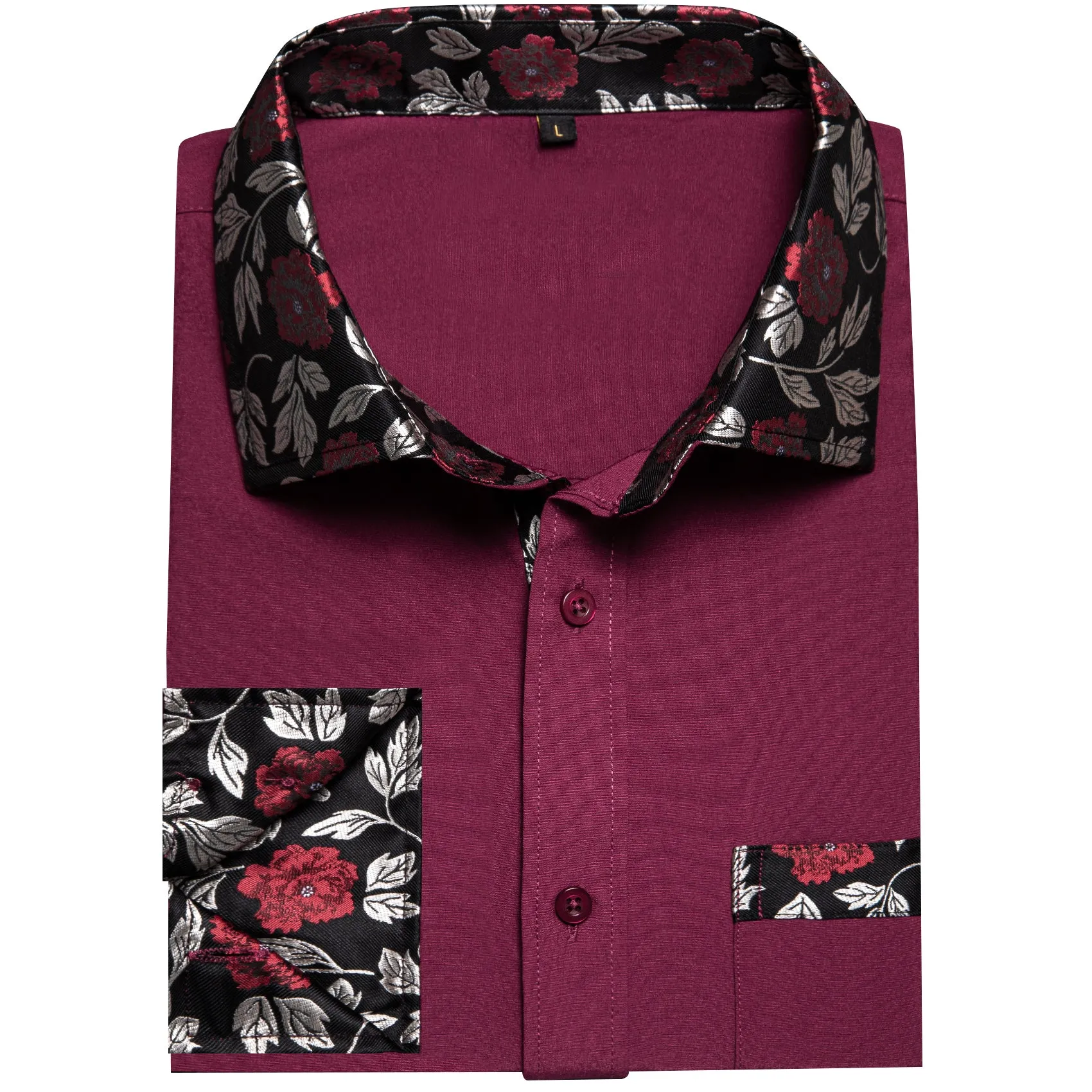 Splicing Style Burgundy Red with Black Floral Edge Men's Solid Long Sleeve Shirt