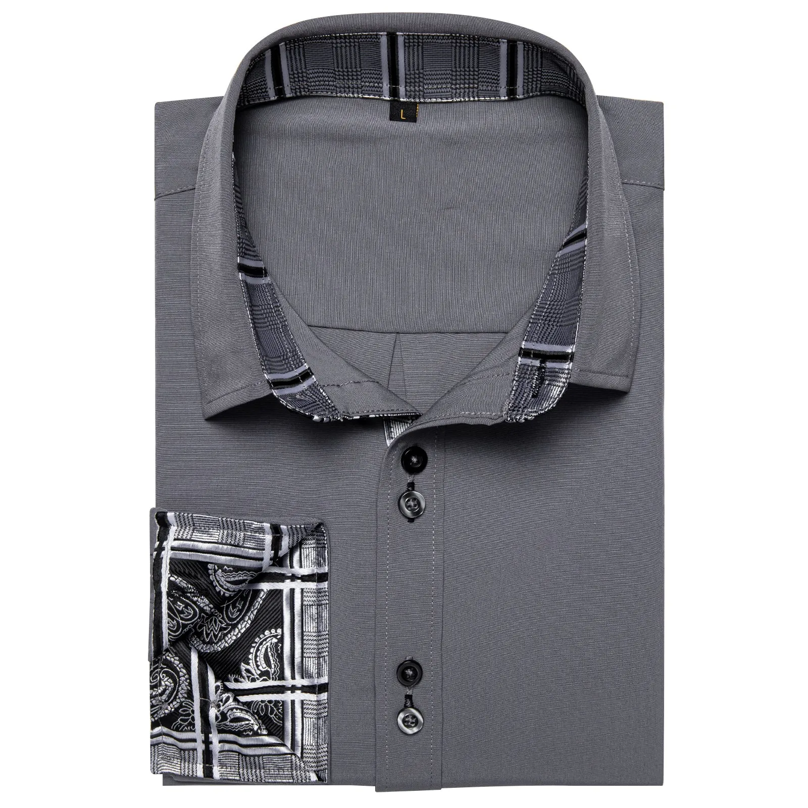 Splicing Style Grey with Grey Plaid Edge Men's Long Sleeve Shirt