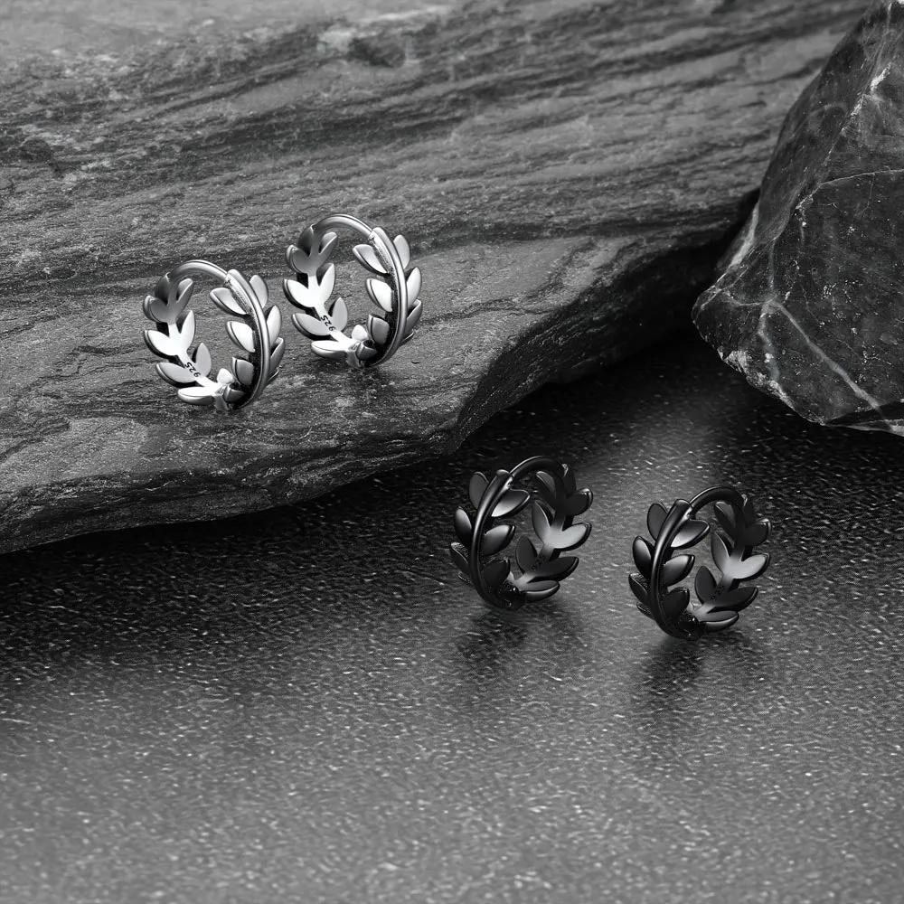 Sterling Silver Small Chunky Leaf Hoop Huggie Earrings for Men Women