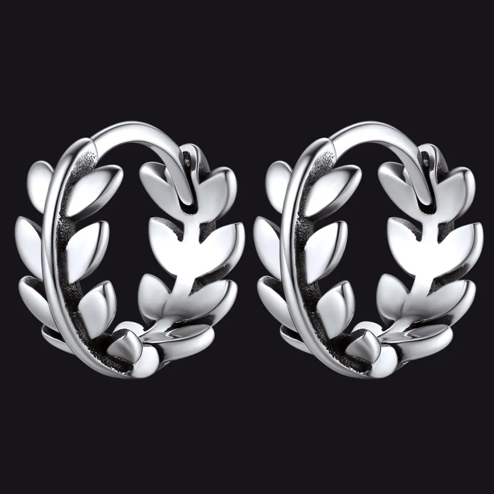 Sterling Silver Small Chunky Leaf Hoop Huggie Earrings for Men Women