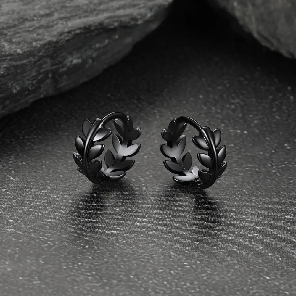 Sterling Silver Small Chunky Leaf Hoop Huggie Earrings for Men Women