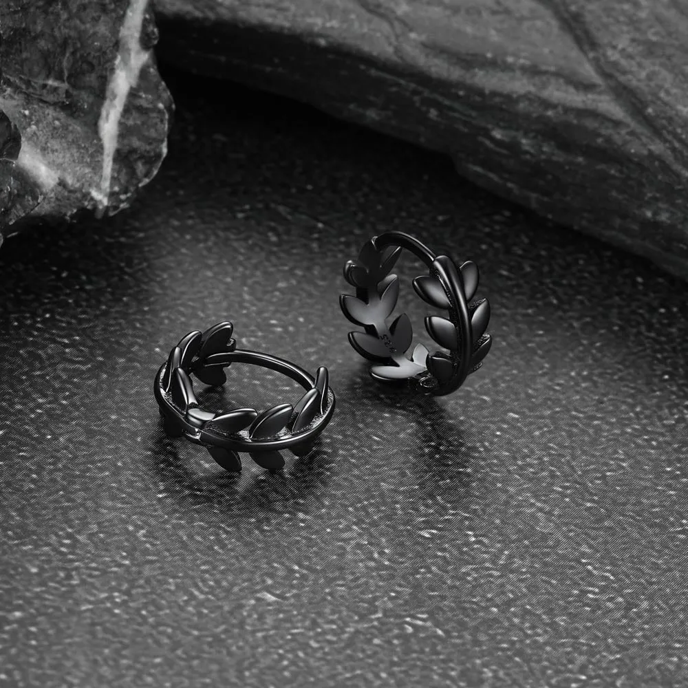 Sterling Silver Small Chunky Leaf Hoop Huggie Earrings for Men Women