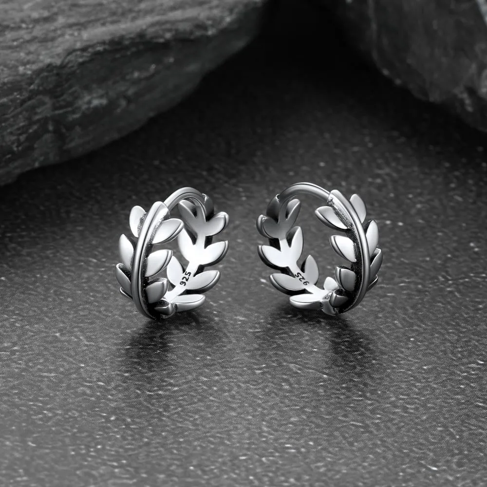 Sterling Silver Small Chunky Leaf Hoop Huggie Earrings for Men Women