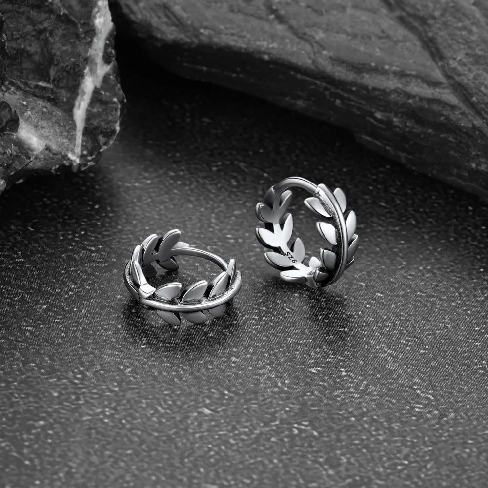 Sterling Silver Small Chunky Leaf Hoop Huggie Earrings for Men Women