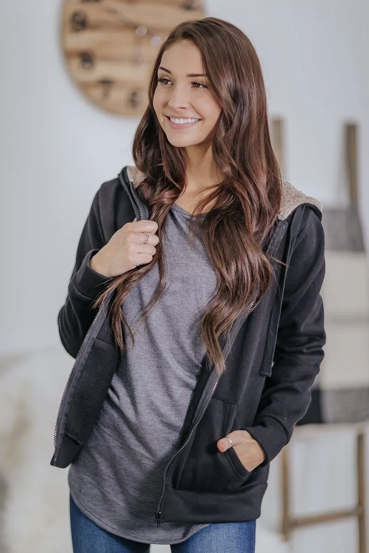 Suits Me Sherpa Lined Hood Zip Up Long Sleeve Jacket in Black