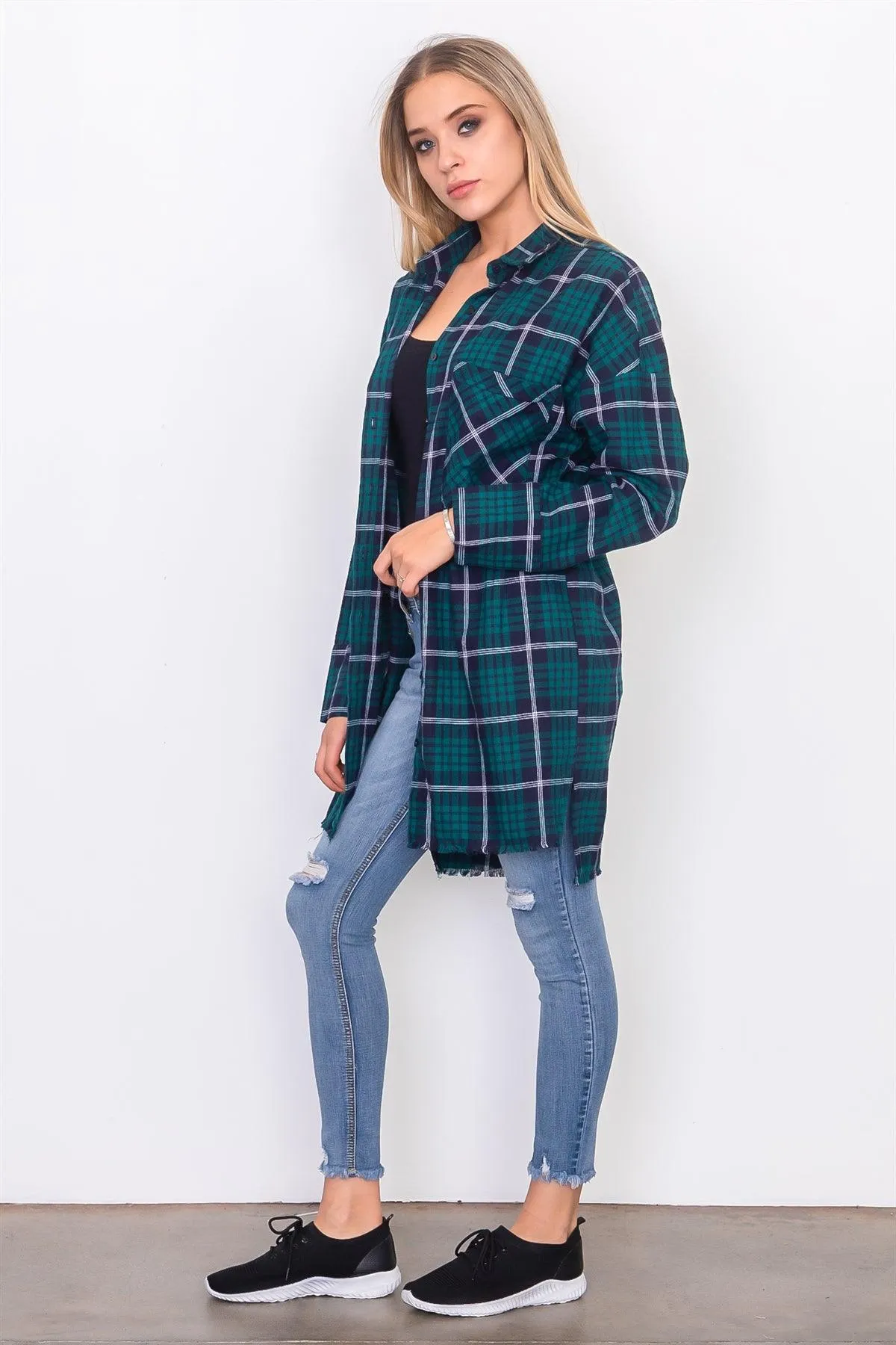 Teal Frayed Hem Plaid Button Down Shirt Dress /3-2-1