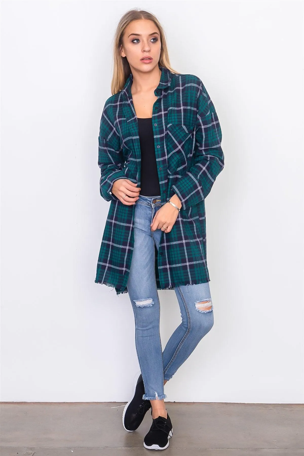 Teal Frayed Hem Plaid Button Down Shirt Dress /3-2-1