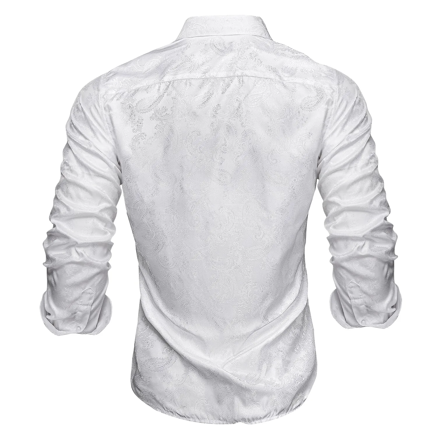 Ties2you Button Down Shirt Collarless Pure White Paisley Silk Men's Long Sleeve Shirt