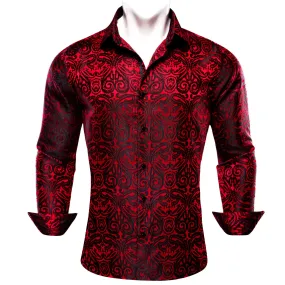 Ties2you Button Down Shirt Red Black Woven Paisley Silk Men's Shirt Classic