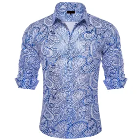 Ties2you Dress Shirt Blue Paisley Hot Stamping Long Sleeve Mens Shirt