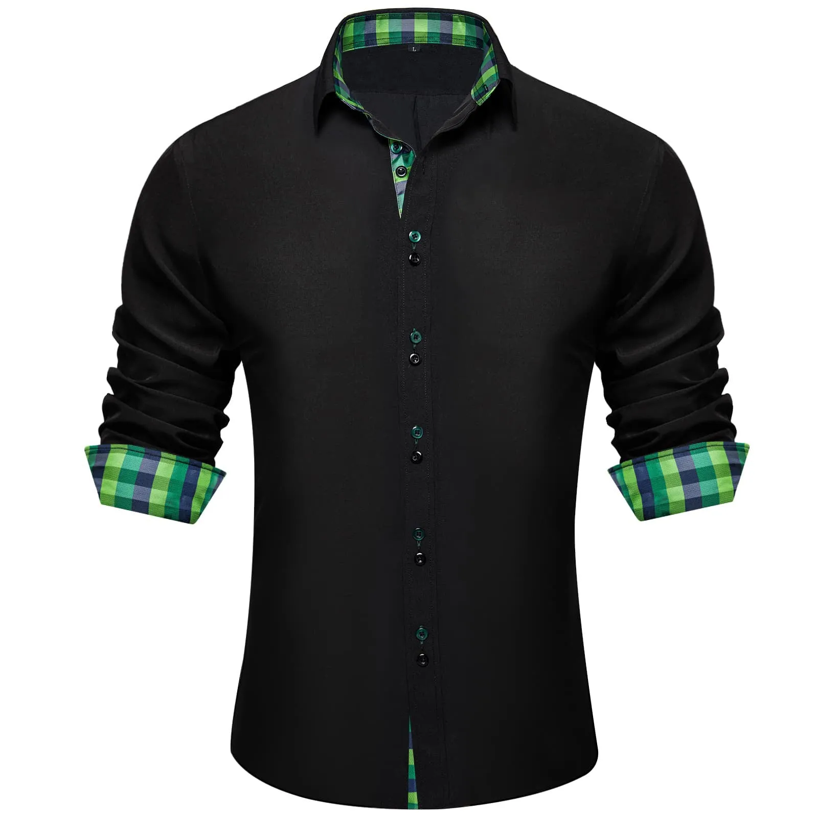 Ties2you Dress Shirt for Men Black Solid Green Blue Plaid Splicing Silk Button Down Shirt