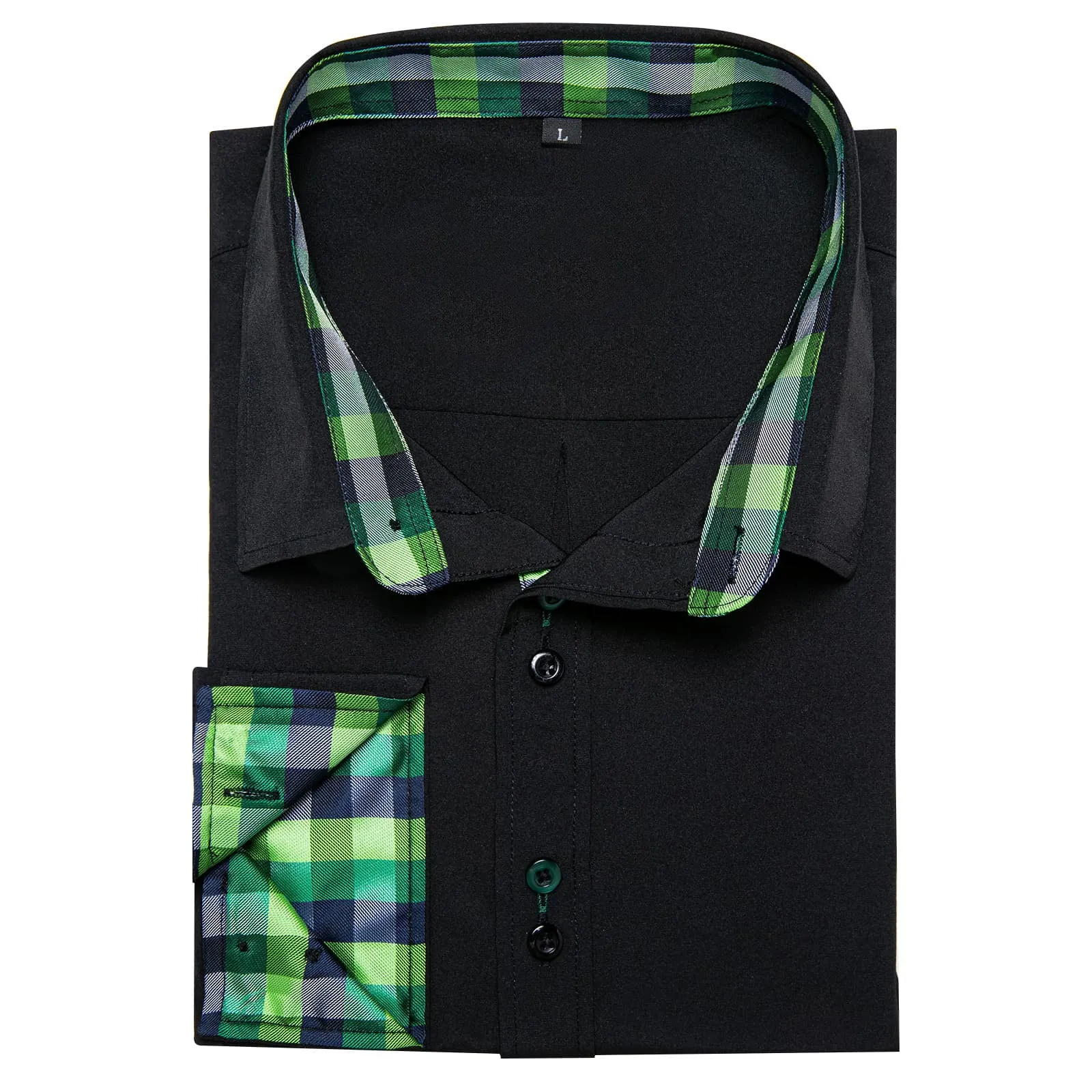 Ties2you Dress Shirt for Men Black Solid Green Blue Plaid Splicing Silk Button Down Shirt