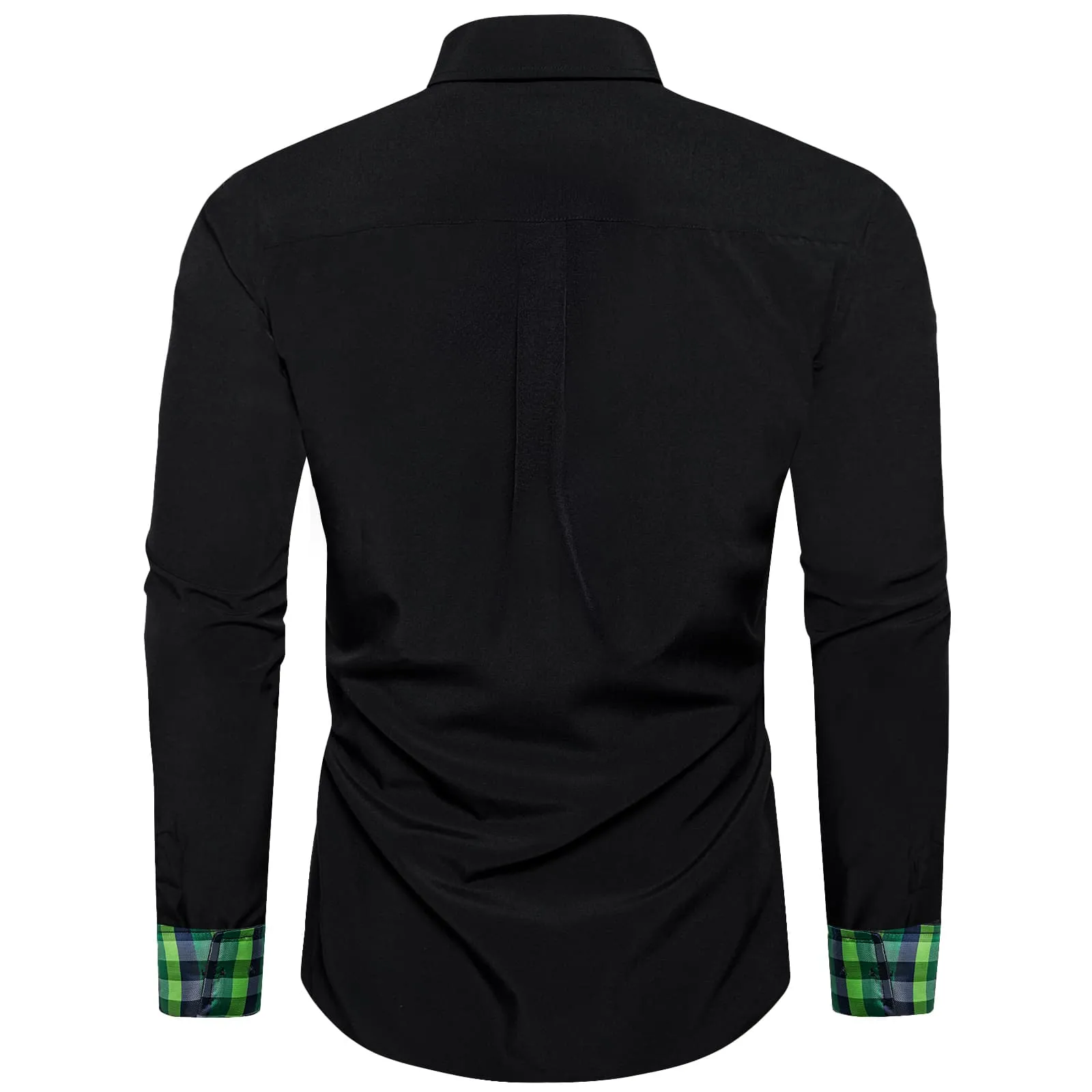 Ties2you Dress Shirt for Men Black Solid Green Blue Plaid Splicing Silk Button Down Shirt