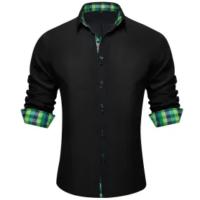 Ties2you Dress Shirt for Men Black Solid Green Blue Plaid Splicing Silk Button Down Shirt