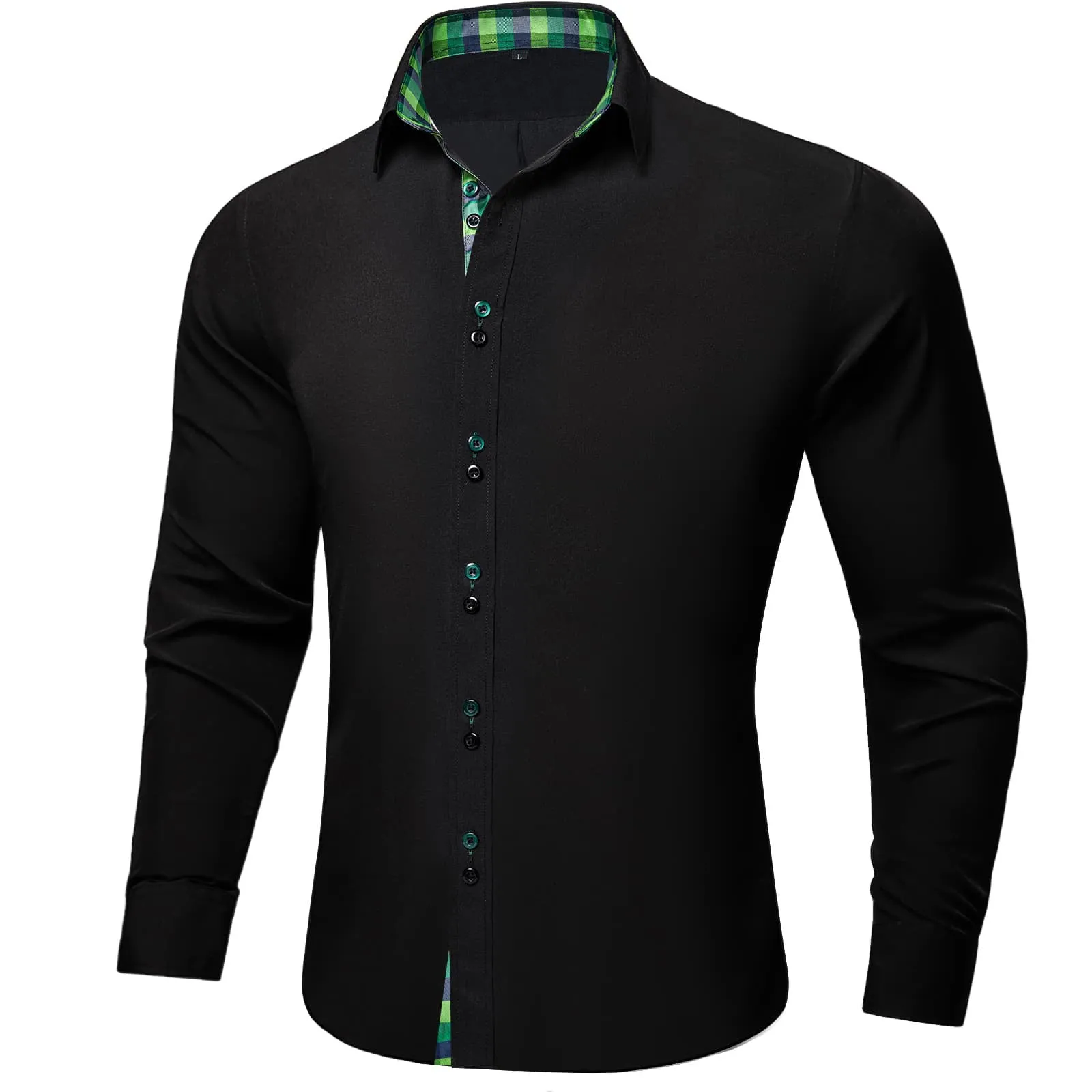 Ties2you Dress Shirt for Men Black Solid Green Blue Plaid Splicing Silk Button Down Shirt
