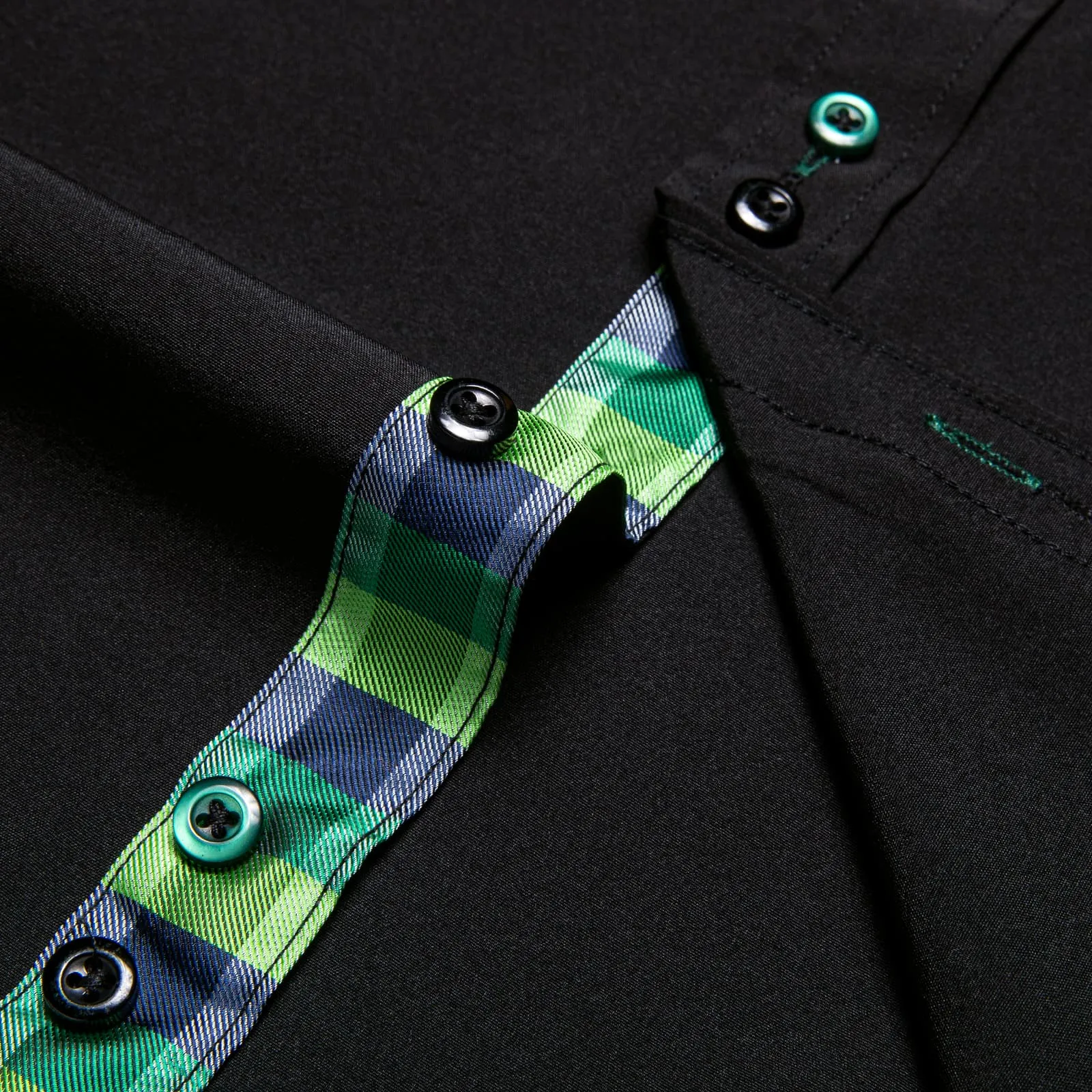 Ties2you Dress Shirt for Men Black Solid Green Blue Plaid Splicing Silk Button Down Shirt