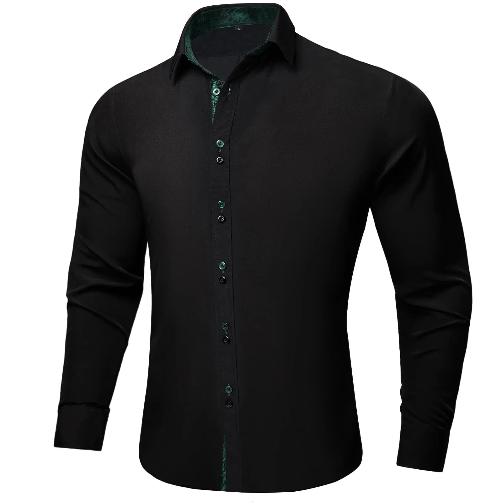 Ties2you Dress Shirt for Men Black Solid Green Splicing Silk Long Sleeve Shirt