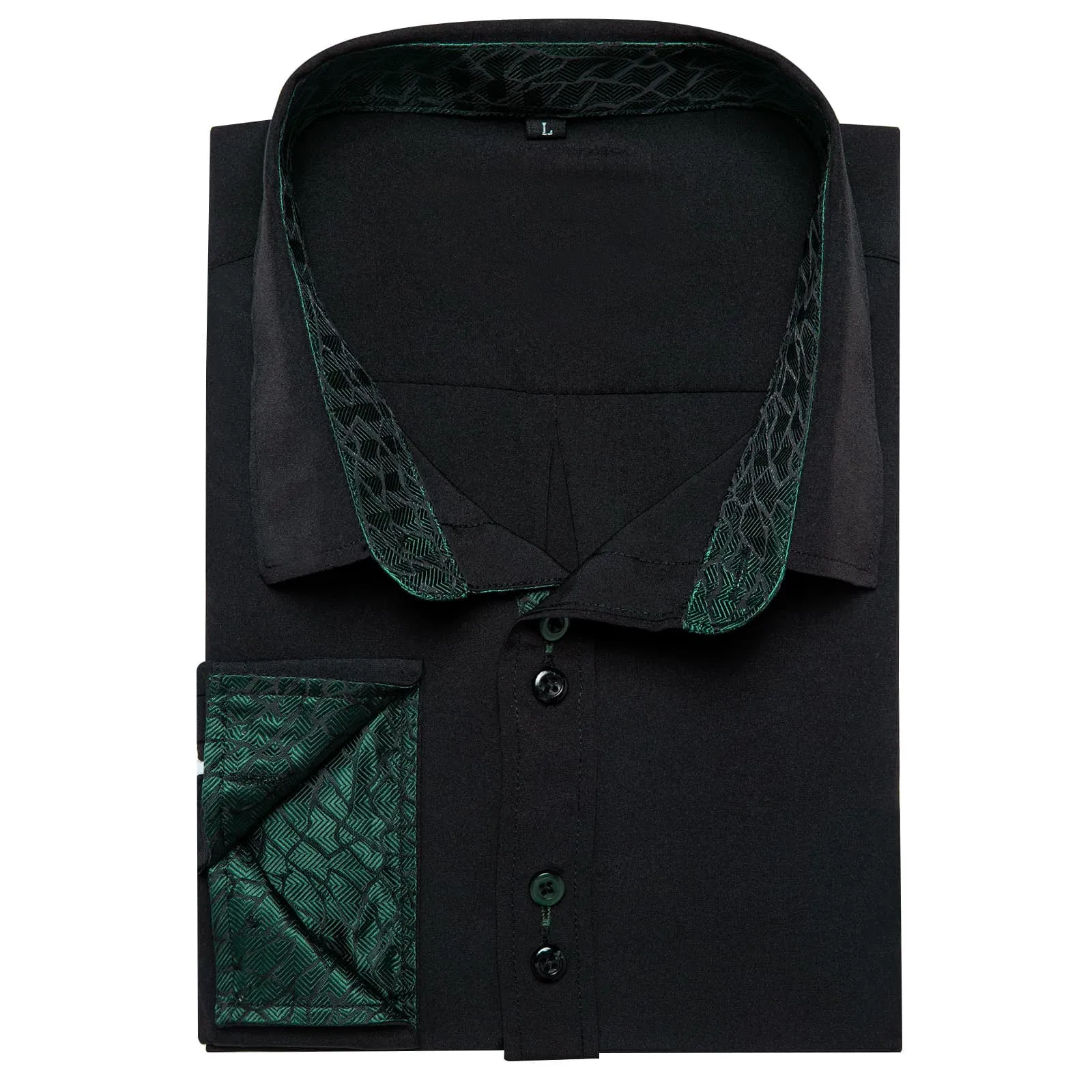 Ties2you Dress Shirt for Men Black Solid Green Splicing Silk Long Sleeve Shirt