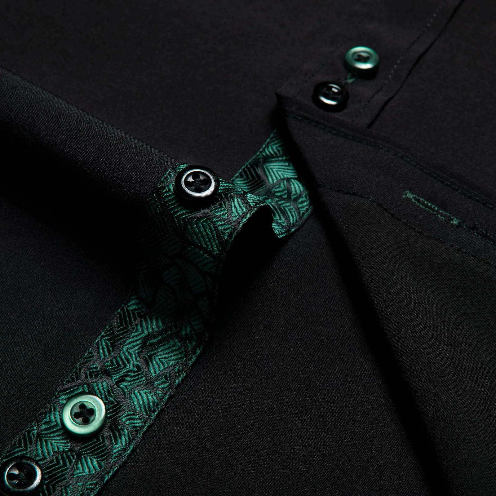 Ties2you Dress Shirt for Men Black Solid Green Splicing Silk Long Sleeve Shirt